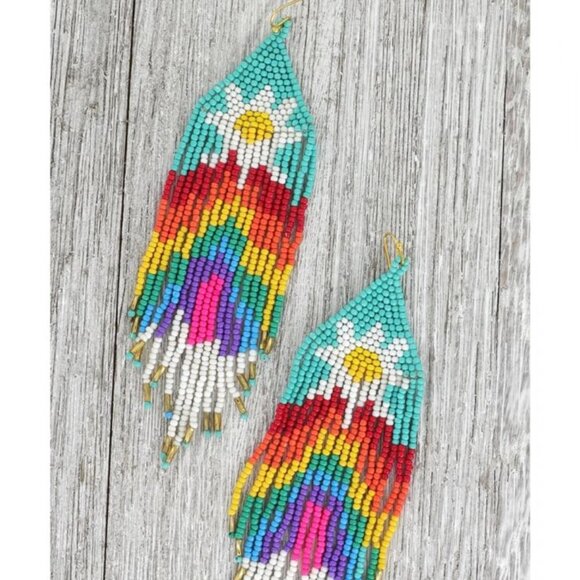 Rainbow Daisy Beaded Earrings 5 inch Long Fringe Boho Style Bead Earrings NEW - Picture 2 of 3